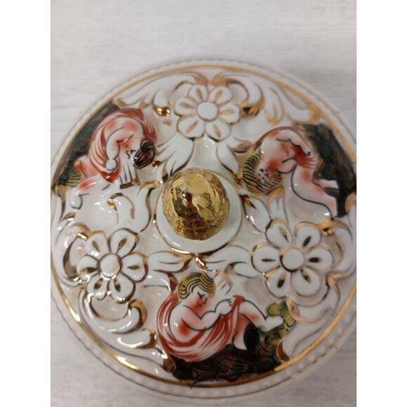 Vintage Capodimonte Bernini Porcelain Cherub Footed Lidded Hand Painted Dish - Picture 3 of 9